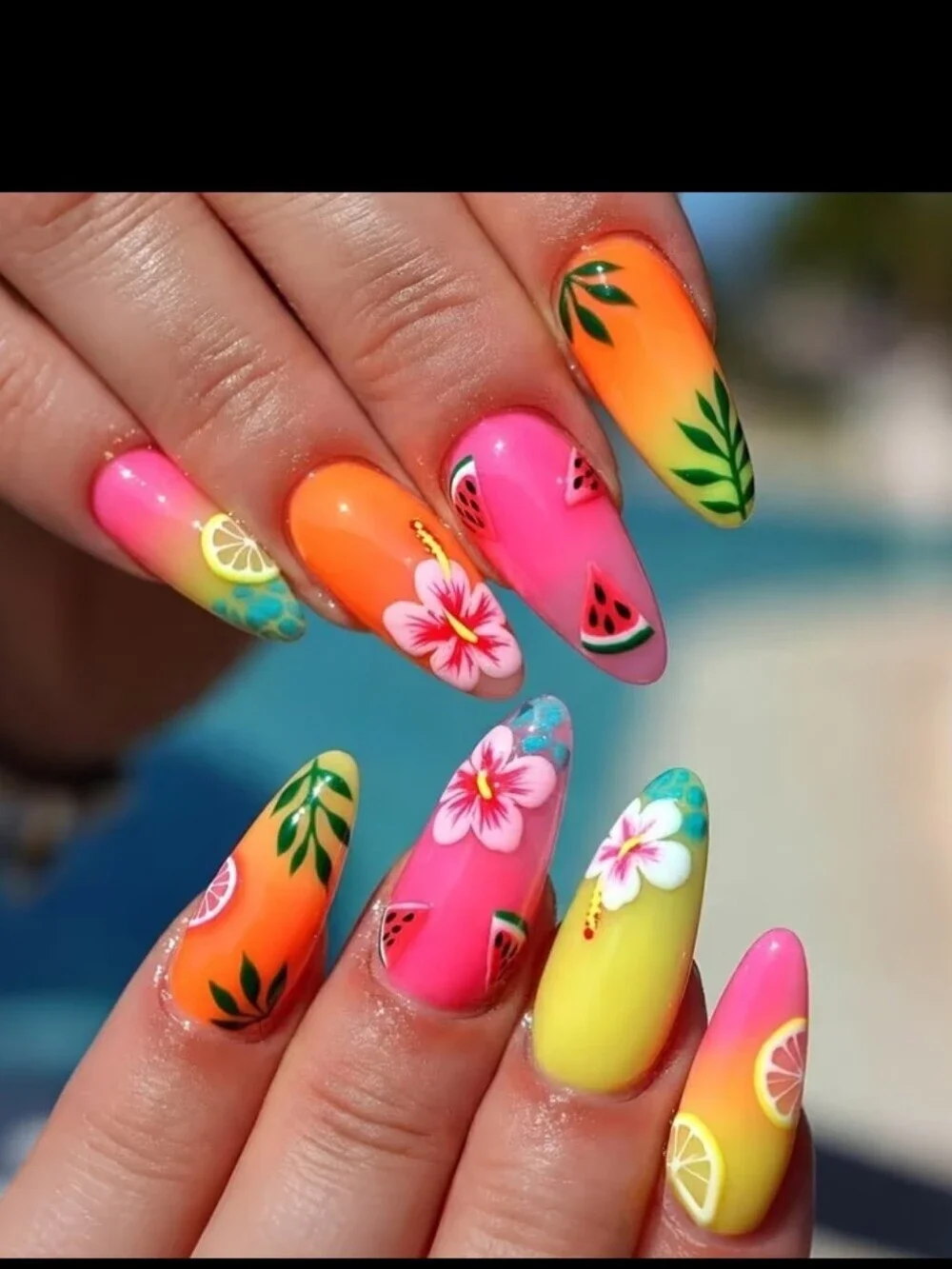 🔥3/$21 Tropical Fruit Ombre Stiletto Press On Nails in Pink, Orange & Yellow